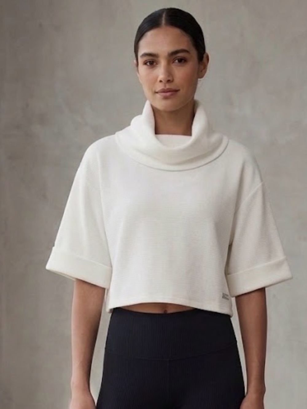 Varley Cream Cropped Cowl Neck Sweater with Wide Half Sleeves